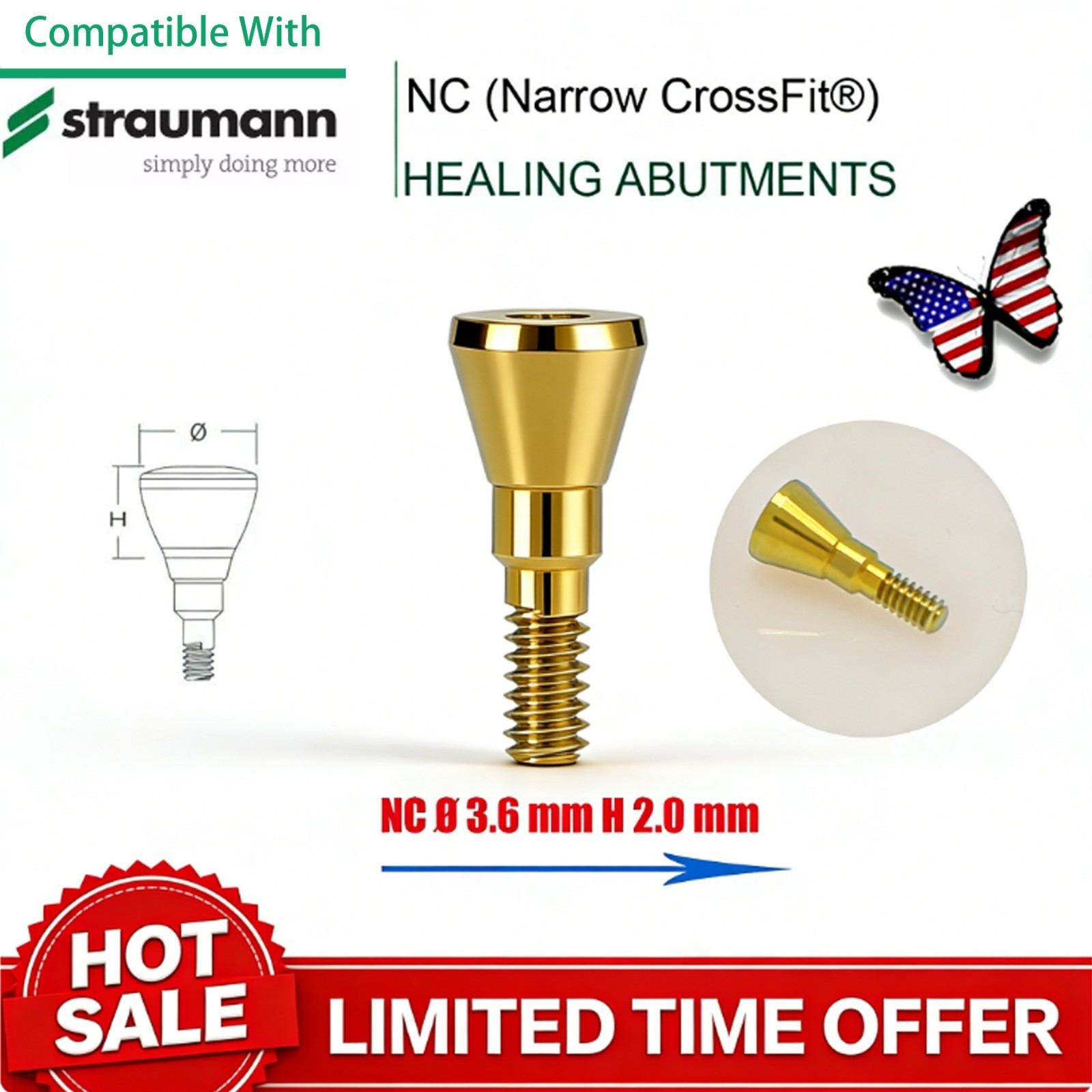 NC Titanium Healing Abutment & Closure Cap Fit Straumann ITI BLT Narrow CrossFit