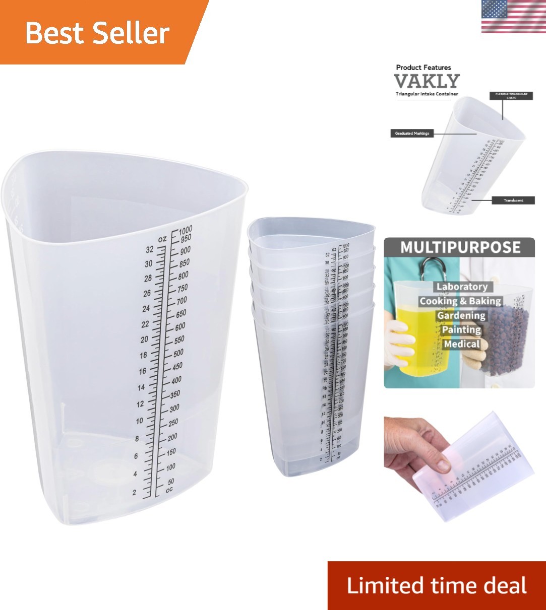 Lab Measuring Cups 32oz Pack of 5 Graduated Clear Plastic Triangular Beakers