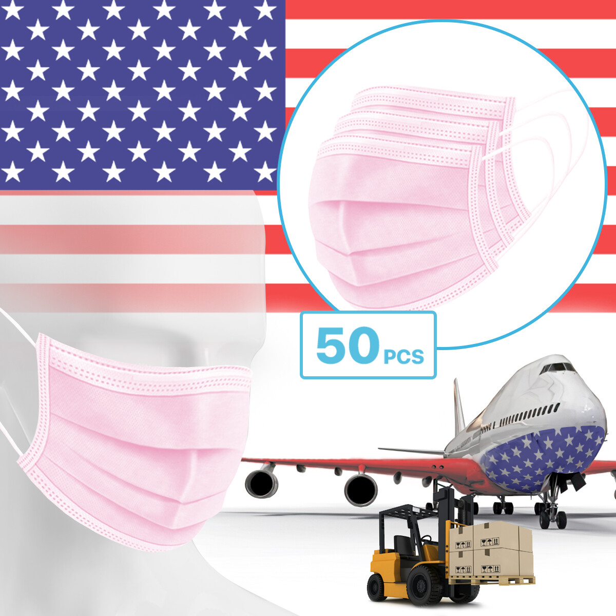50 Packs – Pink 3-Ply Disposable Procedural Face Mask Protective Mouth Cover
