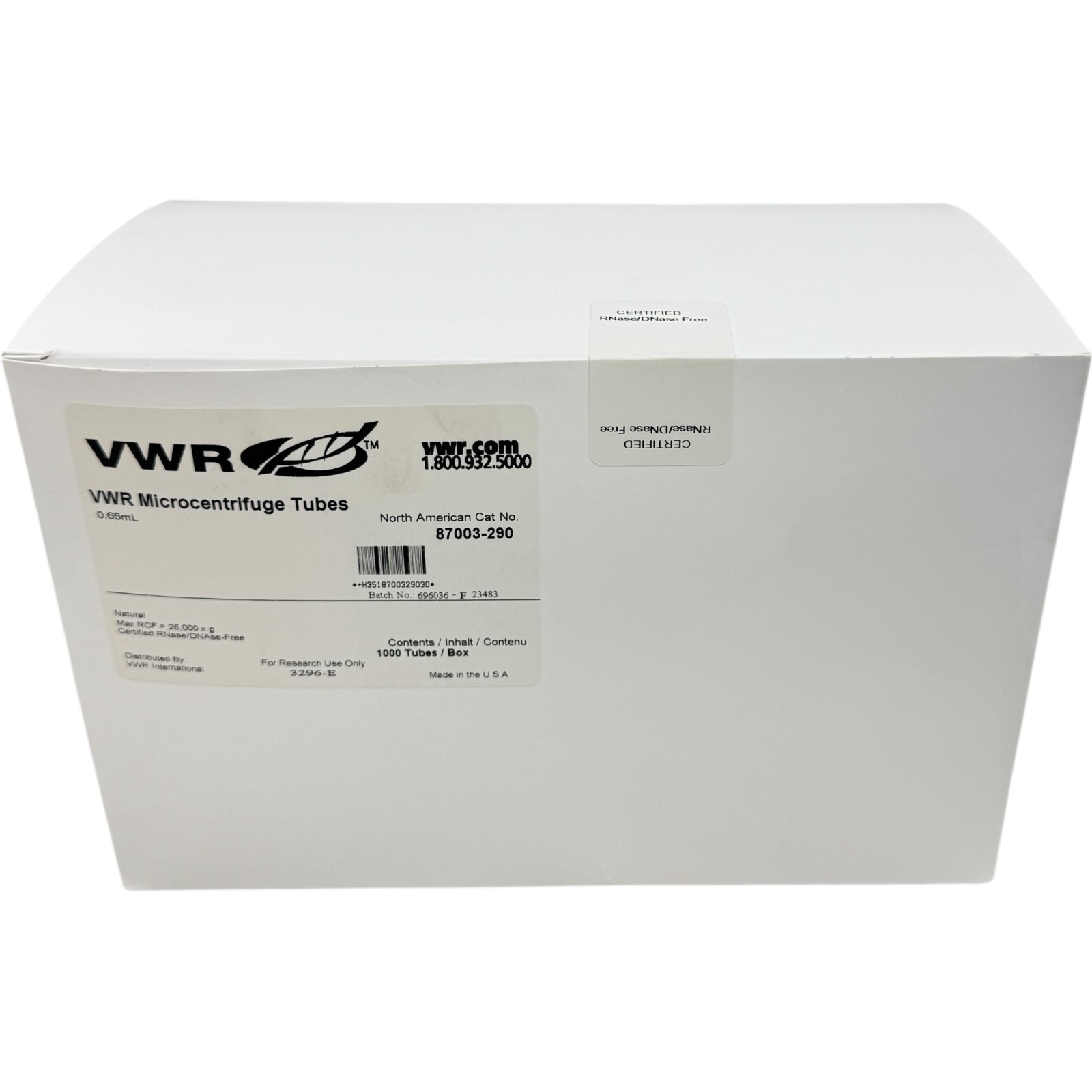 VWR Microcentrifuge Tubes 87003-290 0.65 mL 1000 Tubes