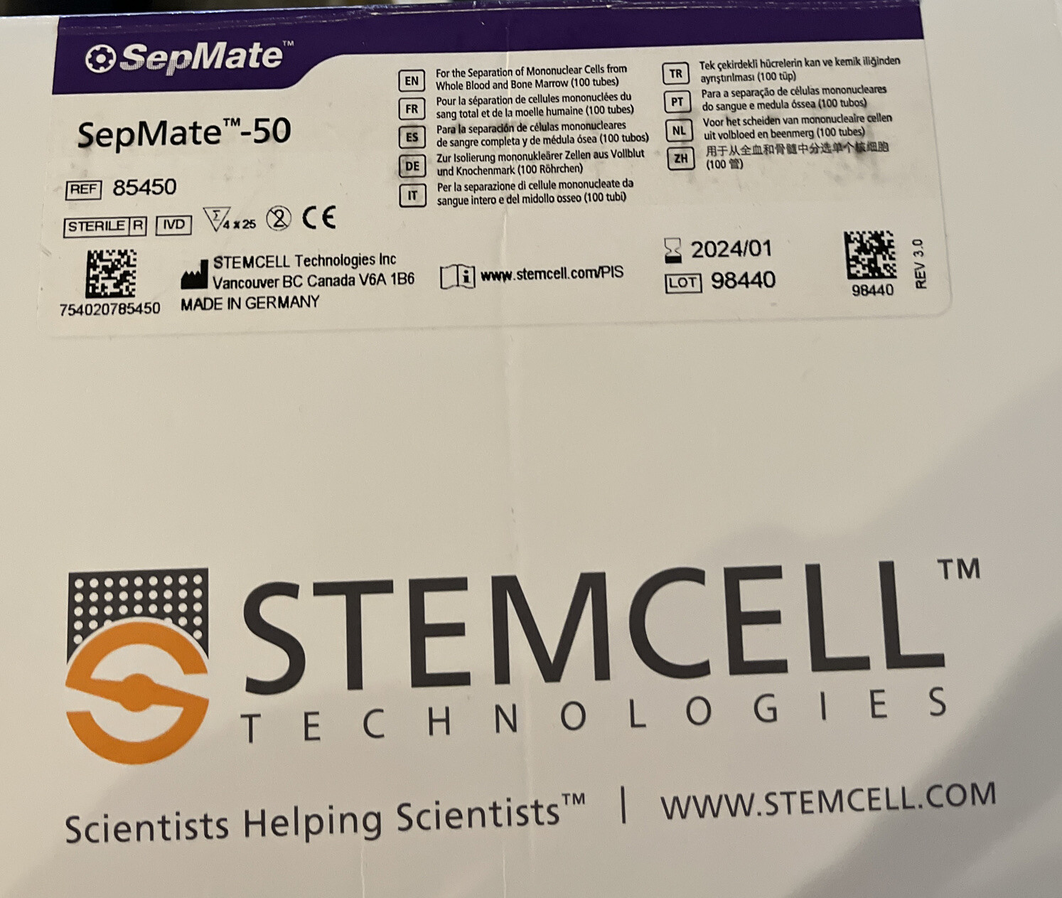 BOX OF 89 STEMCELL TECH. 85450 SEPMATE -50 50mL CENTRIFUGE TUBES