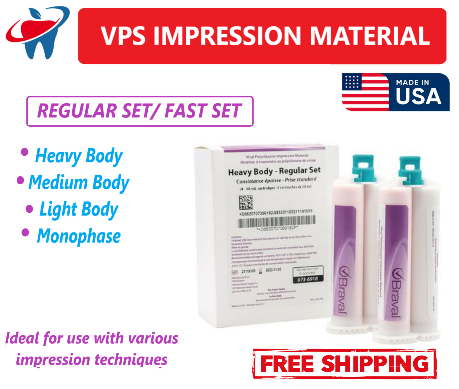 Dental VPS Impression Material Light /Heavy/ Body /Alginate PVS Upto 30 Cartidge