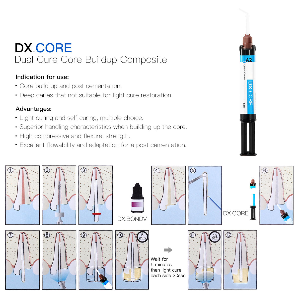 10 xDental Dual Cure Flowable Composite Resin Core Build Up Refill A2 8g Syringe