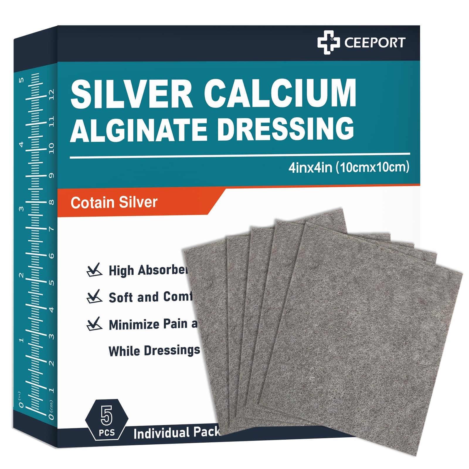 Ceeport Ag Silver Calcium Alginate Wound Dressing Pads 4”x4”(5 Pcs),