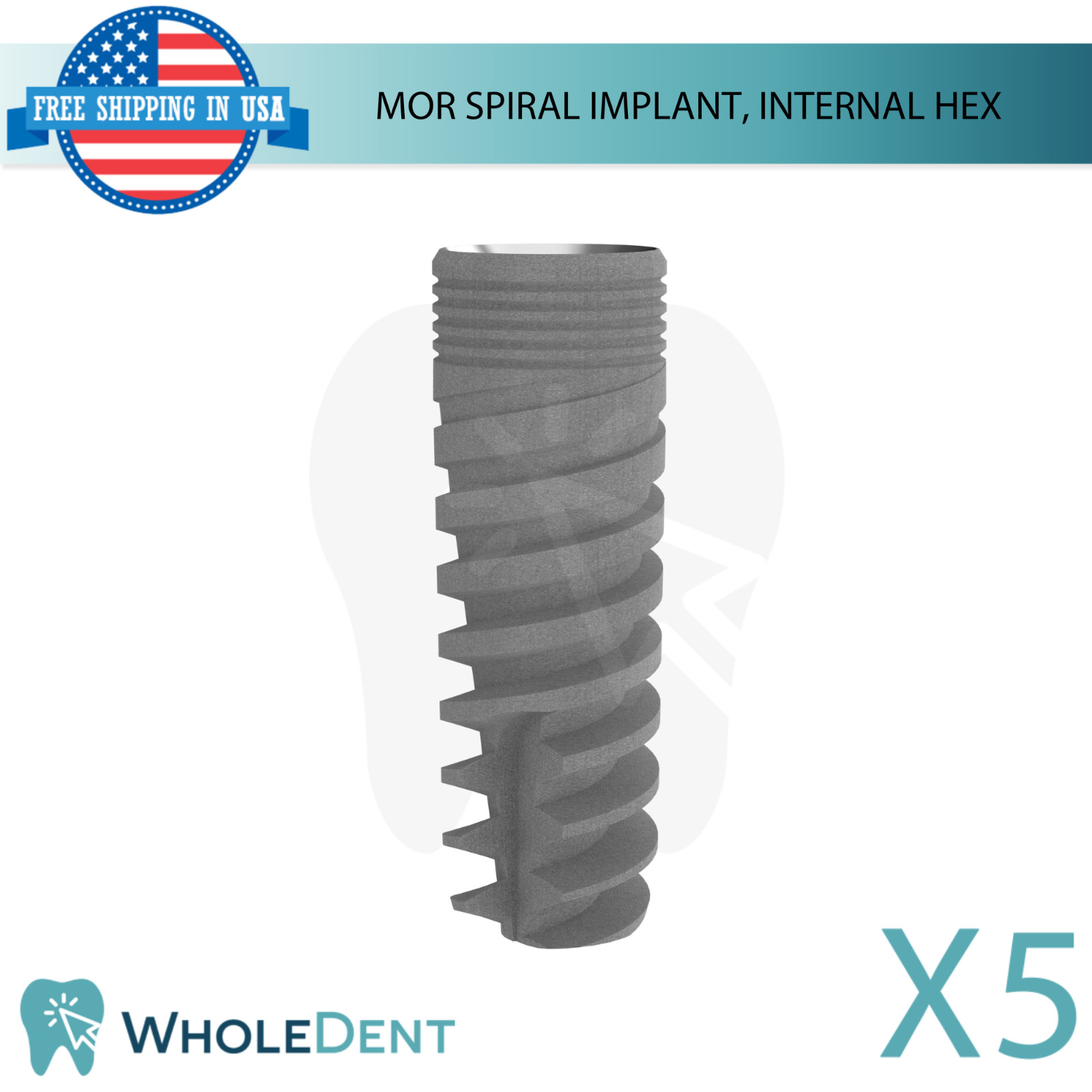 5x Dental MOR Spiral Fixture Int Hex 2.42mm System SLA Titanium Stability