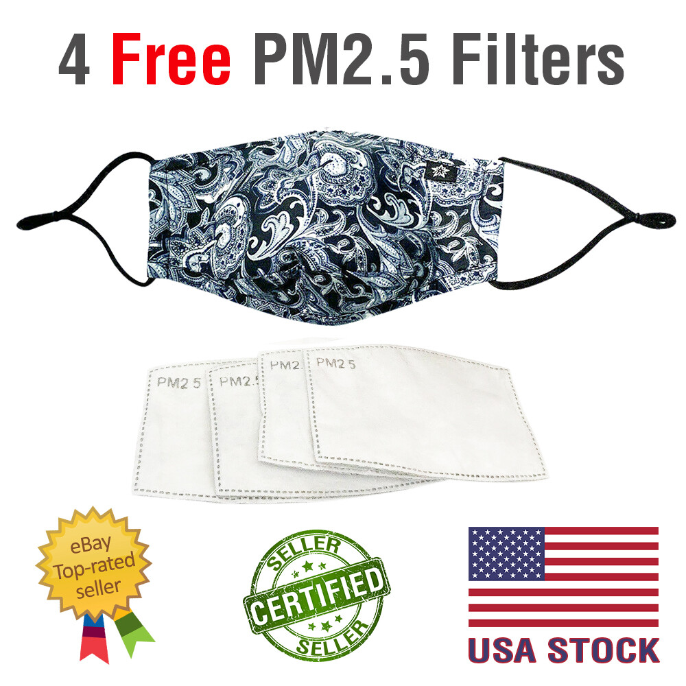 100 FACE MASK Washable COTTON BLACK WHITE PAISLEY Nose Wire for PM2.5 Filter