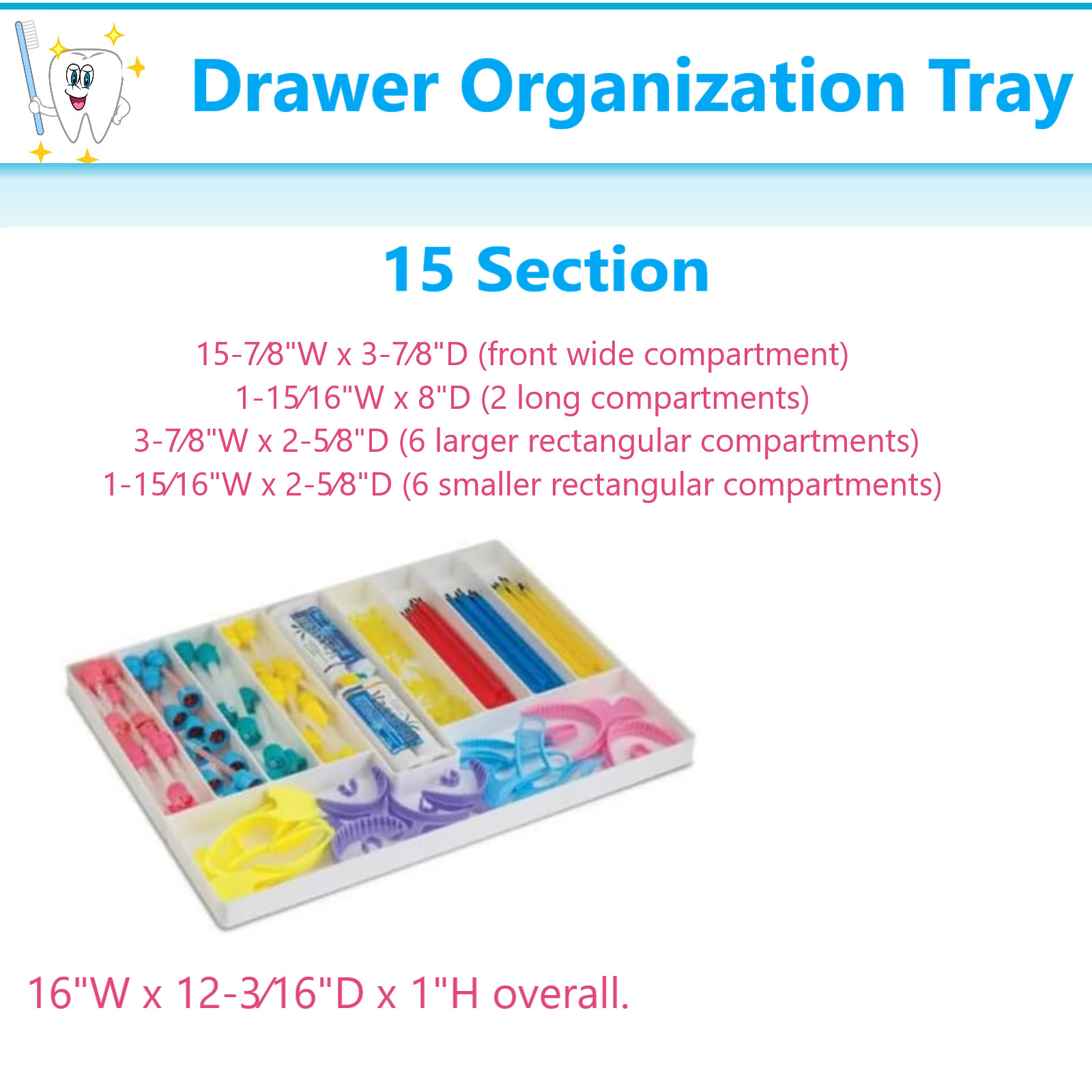 Dental Procedure Cart Drawer Organization Tray – 15 compartments Multi Fit Tray