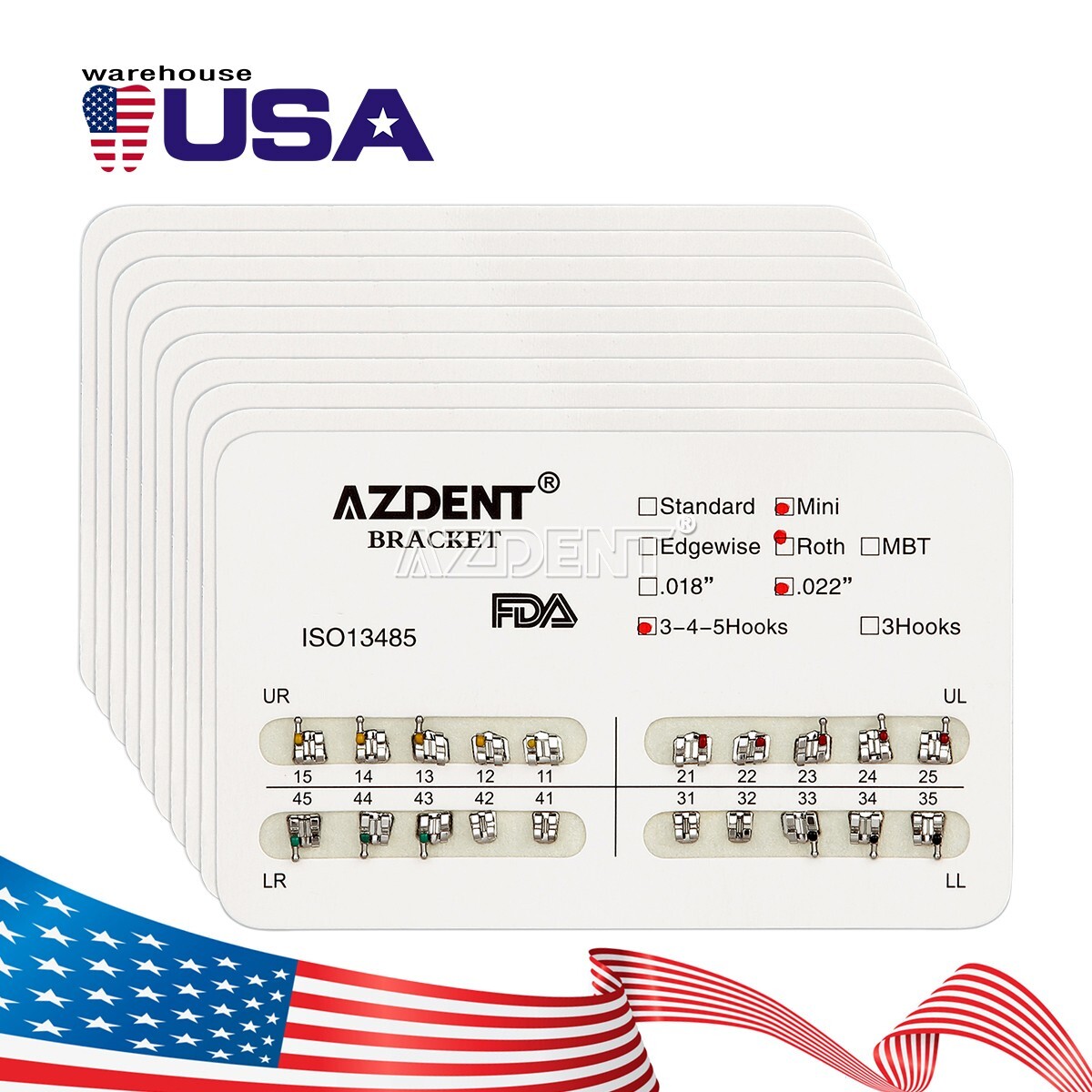 AZDENT 200Pc Dental Brackets Brces Mini Roth Slot.022 Hooks/orthodontic adhesive