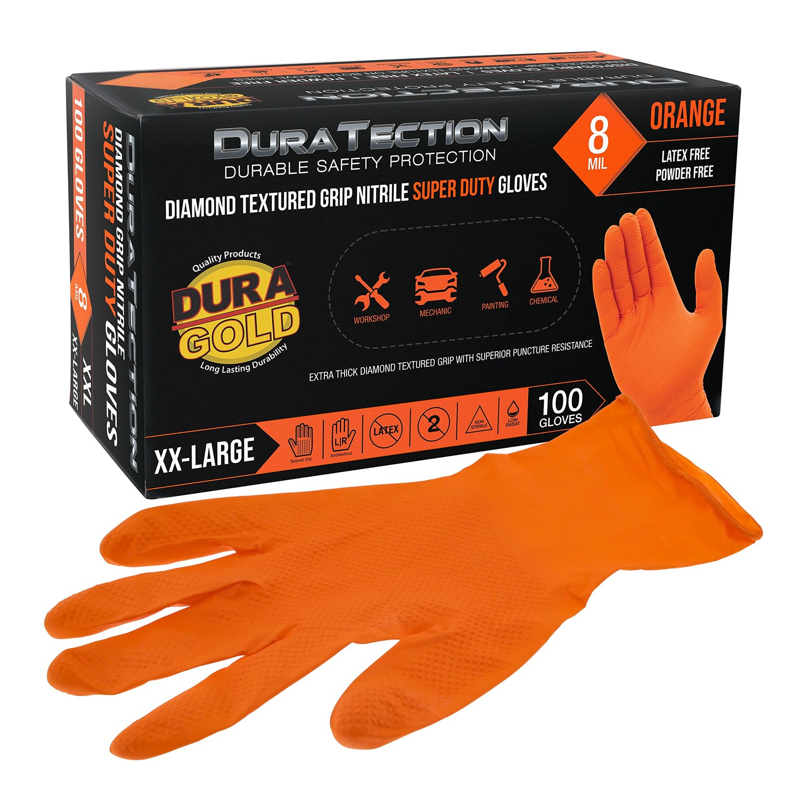 Dura-Gold Duratection 8 Mil Orange Super Duty Diamond Textured Nitrile Dispos…