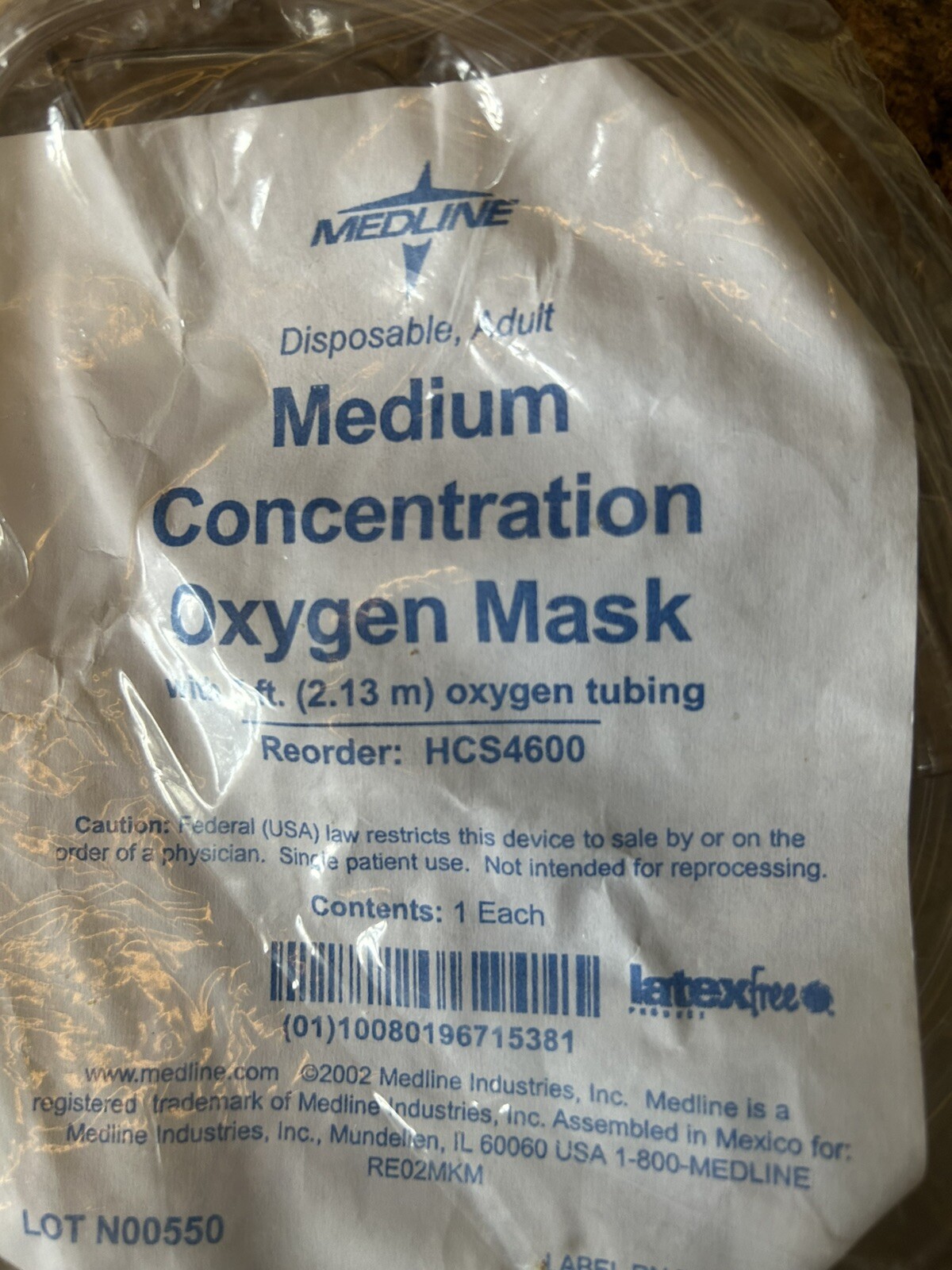 *1-Pack* Medline Medium Concentration Adult Disposble Mask W/O2 Tube HCS4640