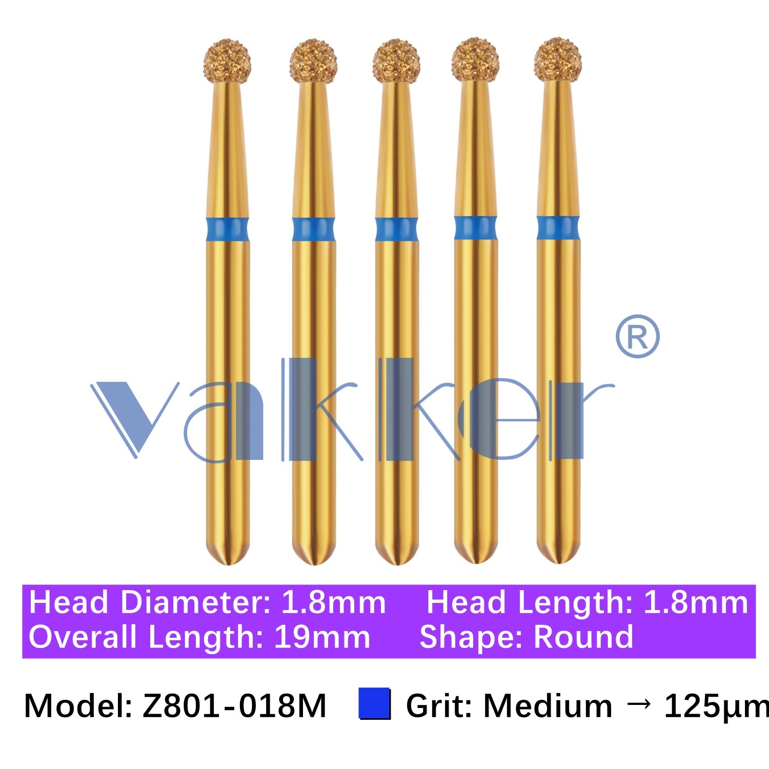 Vakker 5pc Dental Zirconica Diamond Burs w/ Metal Holder Z801-018M Medium Round