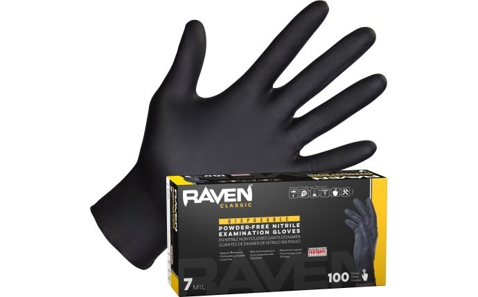 SAS Safety 66518 Raven Powder-Free Disposable Black Nitrile 7-Mil Gloves, Large,