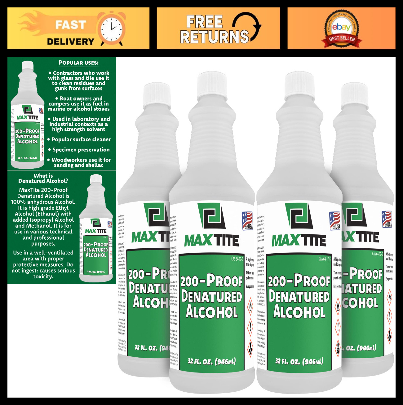 Denatured Alcohol 200 Proof – 4 Pack of 32 oz Bottles, 1 Gallon Total, Cleaning