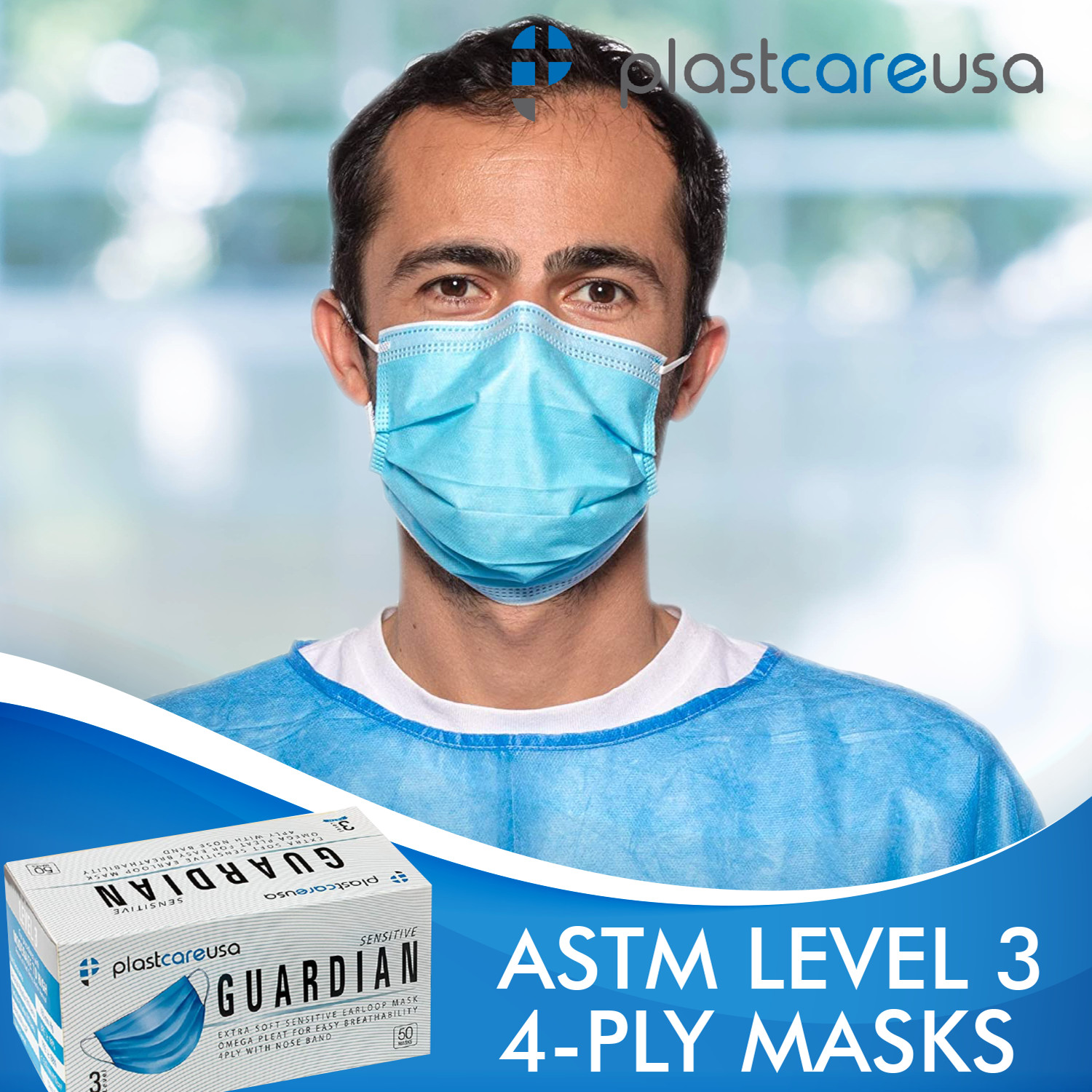 Blue 99% ASTM Level 3 4-Ply Disposable Medical Surgical Face Masks (50/Box)