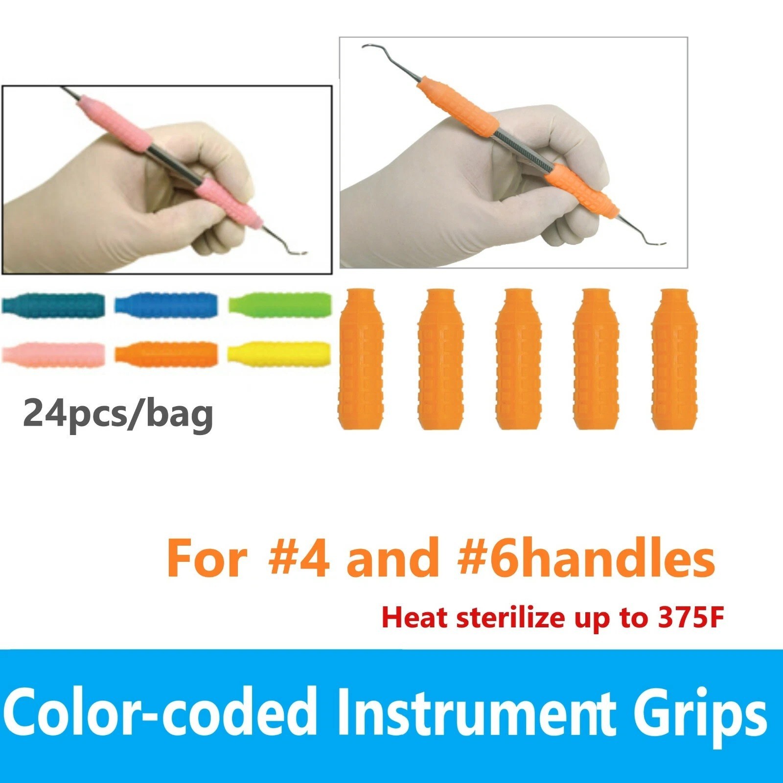 Dental Instrument Grips Silicone Color-Code For #4 and #6 Handles 20/Bx