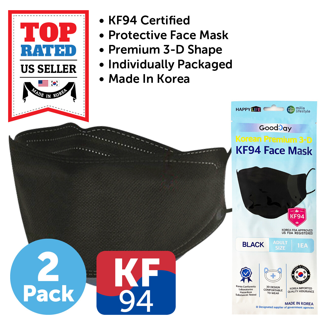 2 Pack KF94 BLACK Protective Face Mask Adult Made in Korea KFDA Approved
