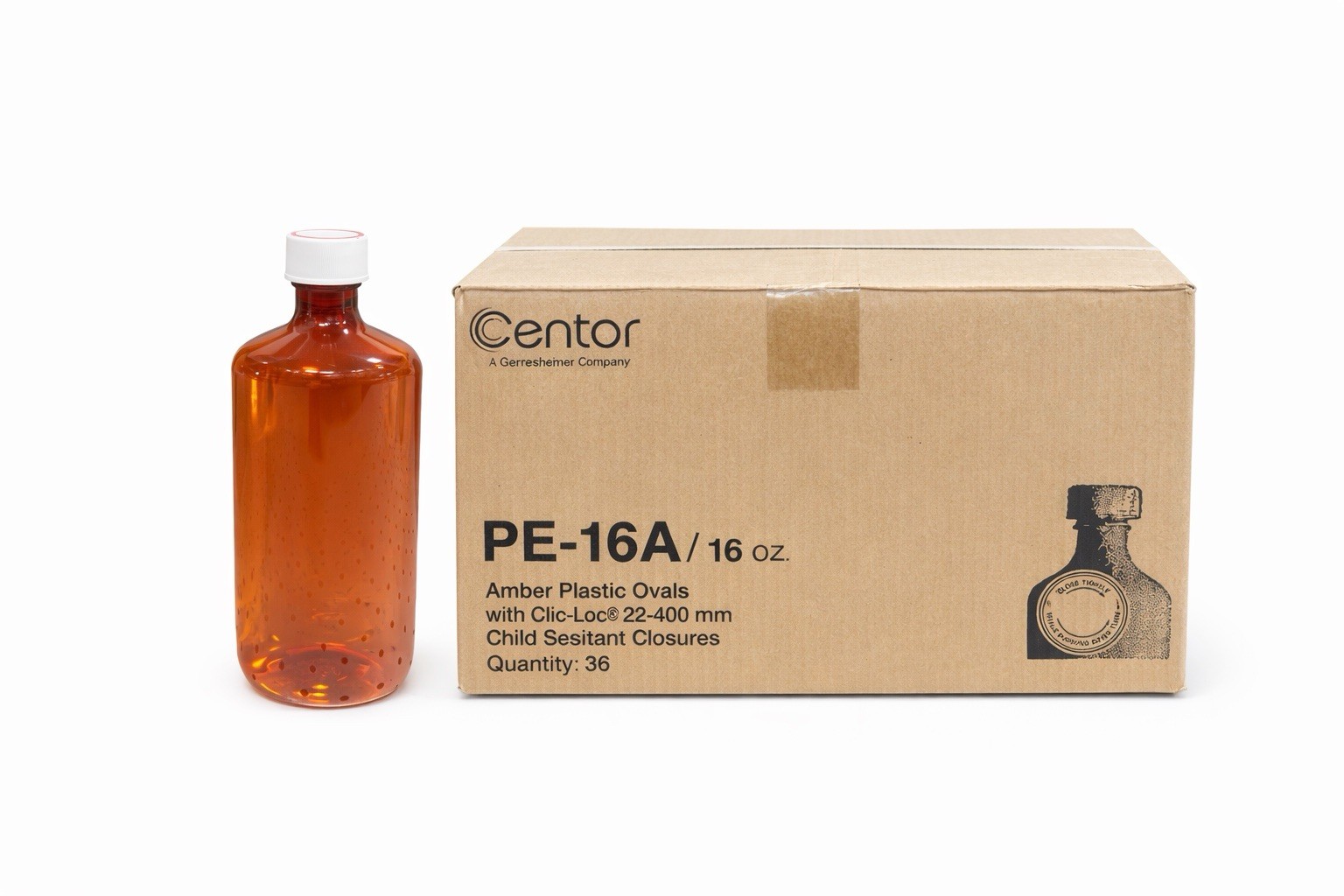 Centor PE-16A/16oz Amber Plastic Ovals with Clic-Loc Child Resistant Case Of 36