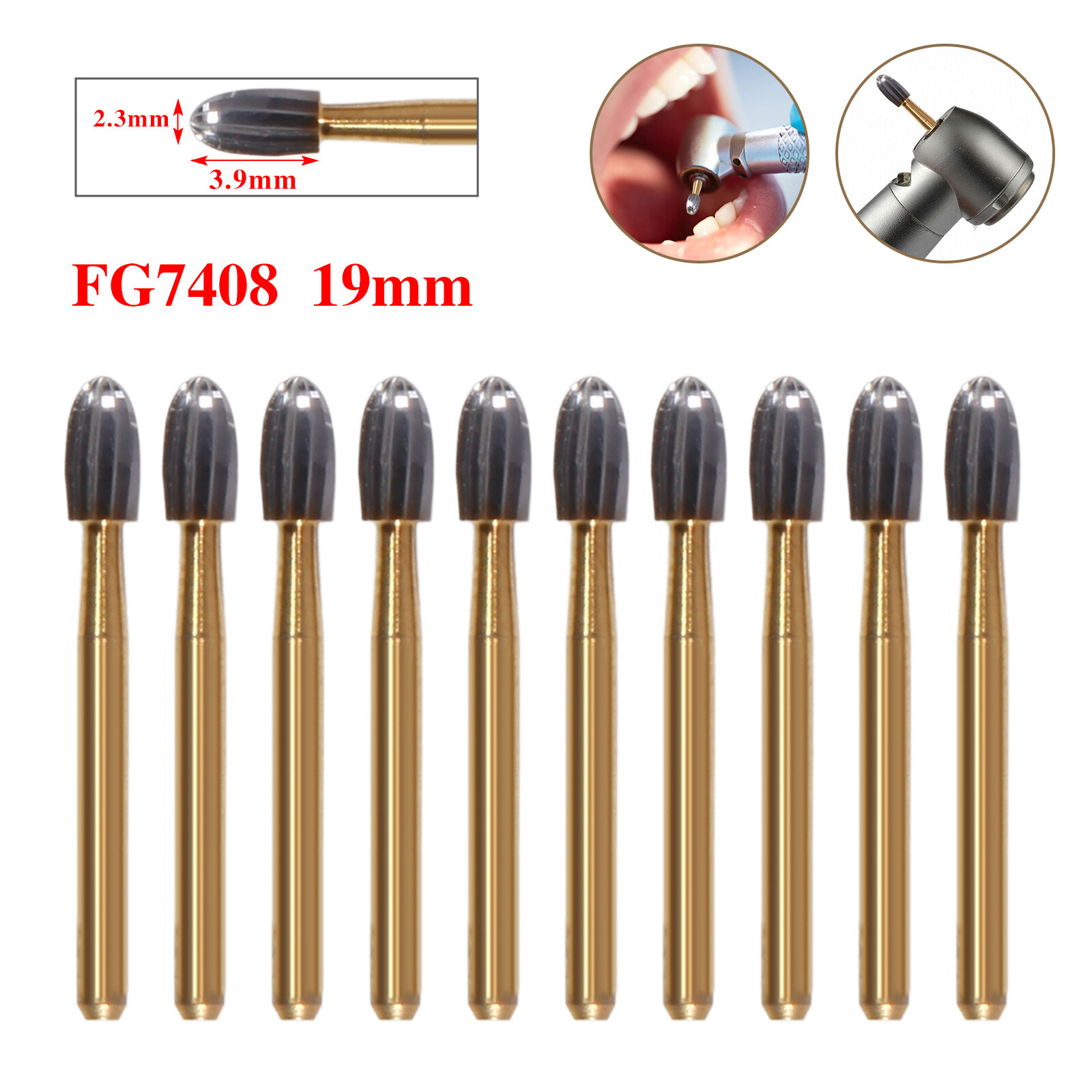 10X Dental Tungsten Carbide Burs Trimming Finishing Egg Football Bur FG 7408
