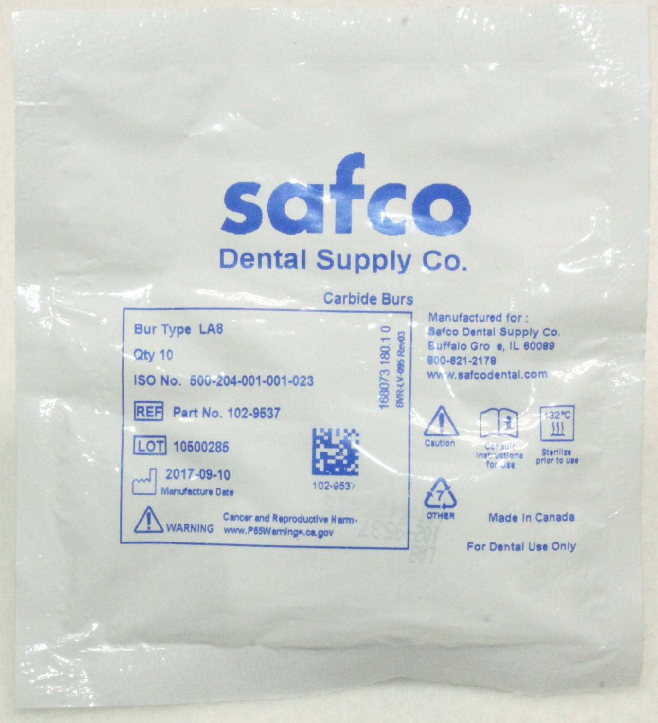 Package of 10 Safco Carbide Dental Burs Type LA8 REF 102-9537