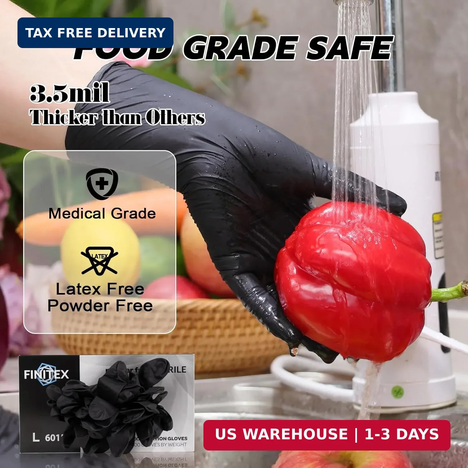 FINITEX Nitrile Disposable Gloves – Black, 3.5mil, 100PCS, Powder-Free, Medical