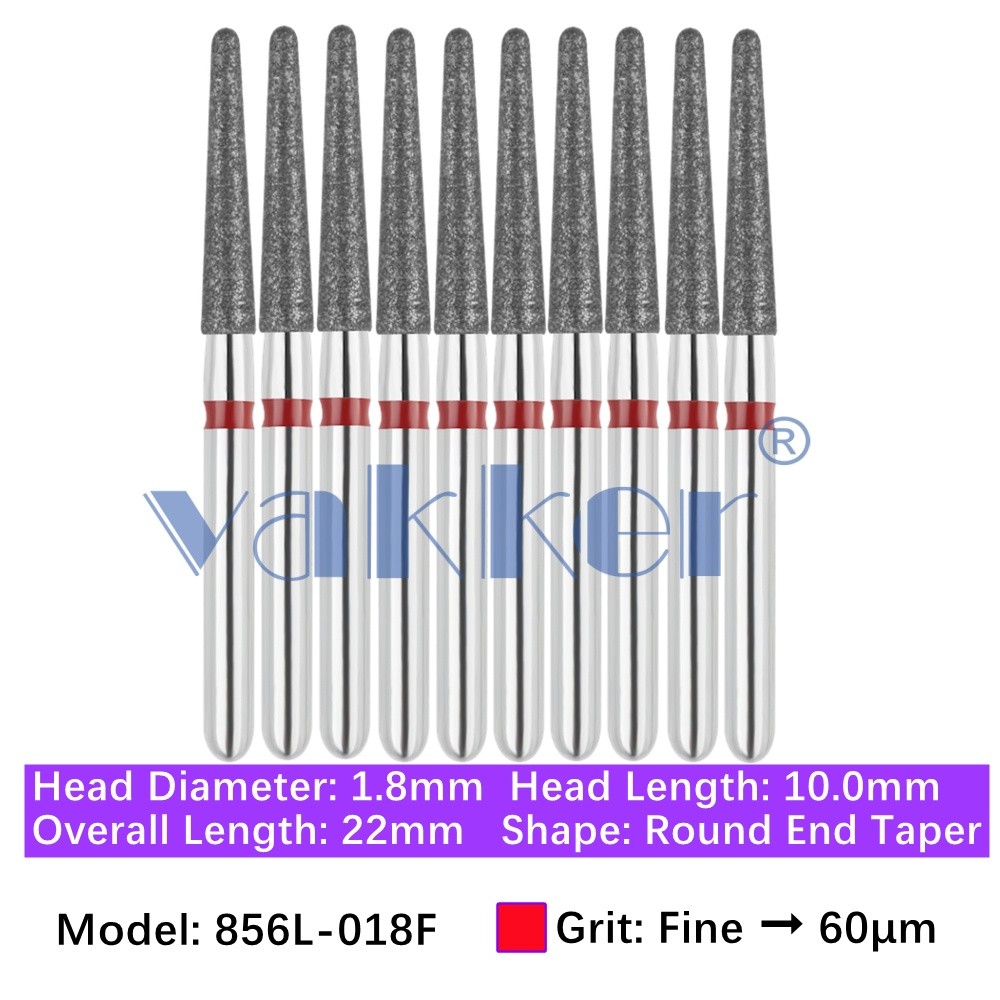10/pk Dental FG High Speed Diamond Burs Long Round End Taper 856L-018F Fine Grit