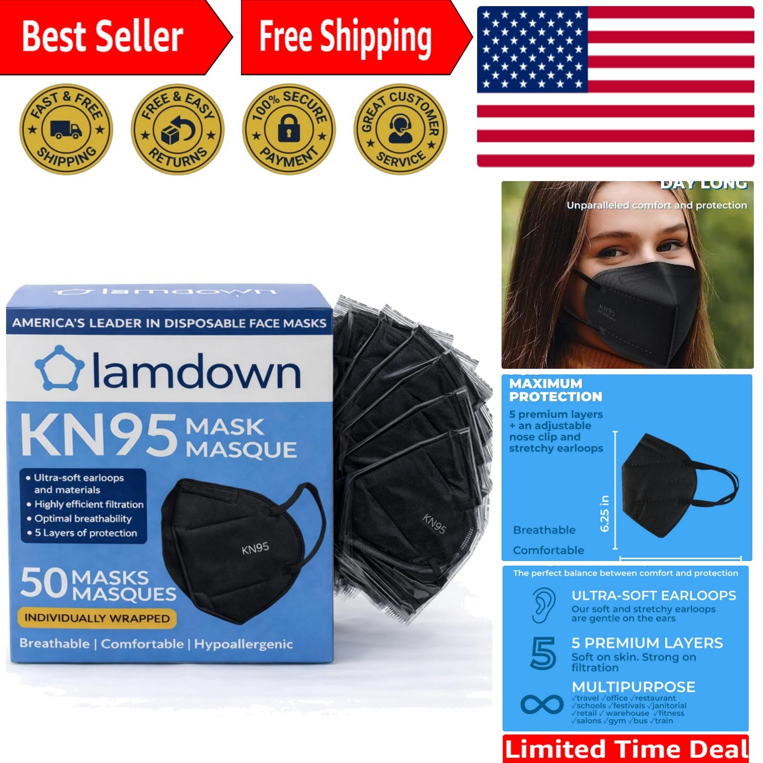 50-Pack KN95 Face Masks – Disposable & Individually Wrapped in Black