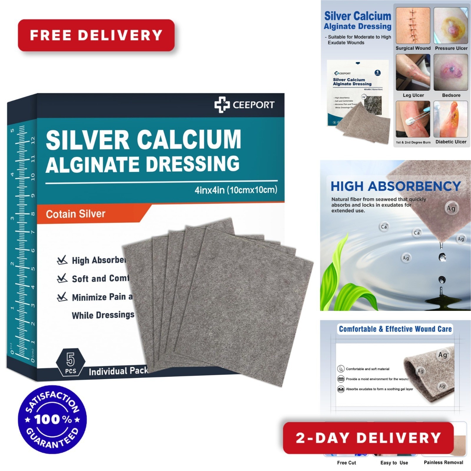Ceeport Silver Calcium Alginate Wound Dressing 4″ x 4″ 5 Packs