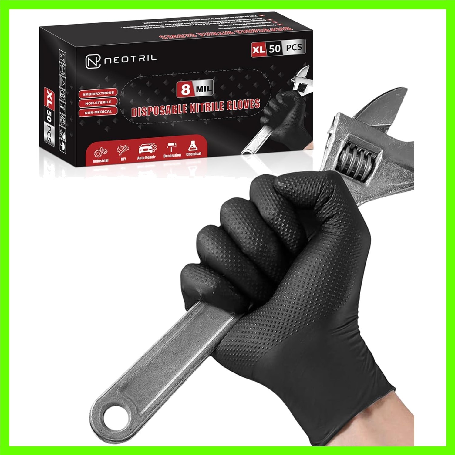 8 Mil Heavy Duty Disposable Nitrile Gloves with Diamond Texture Grip Rubber G…