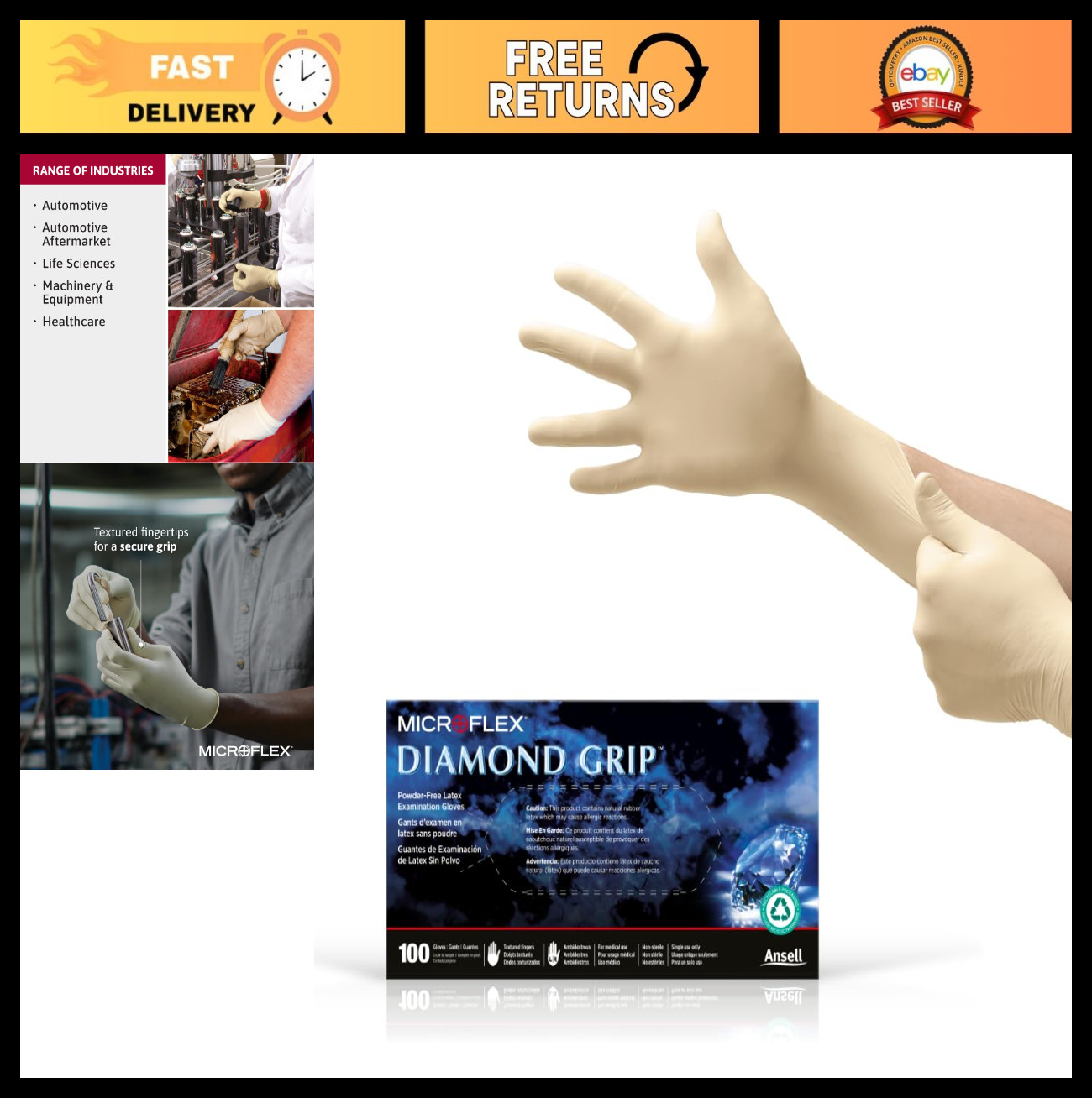 Disposable Latex Gloves – Diamond Grip, XS, 100 Pack for Automotive, Healthcare