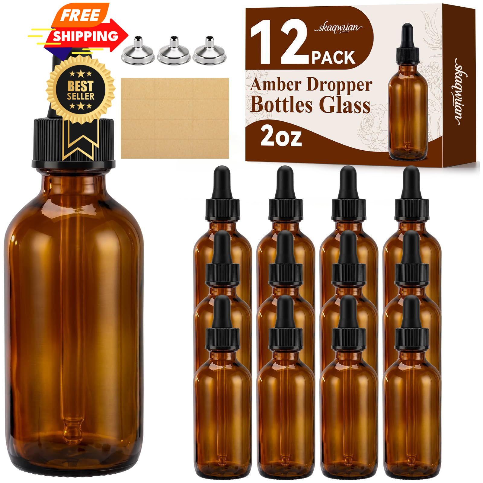 skaqwuan 2 oz Glass Dropper Bottles with 3 Stainless Steel Funnels & 12 amber