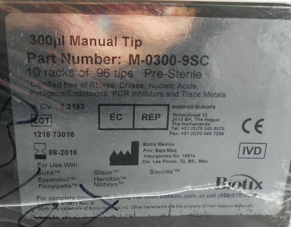 BIOTIX M 0300 9SC 300µl STERILE MANUAL TIPS 10 TRAYS OF 96 TIPS