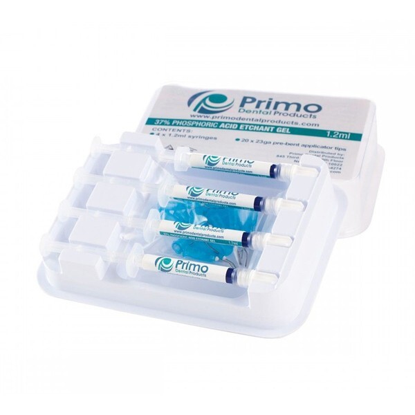 Primo Dental Etch Gel Pack 4 x 1.2ml Syringes, 20 x Pre-Bent Etch Tips, ET12/4