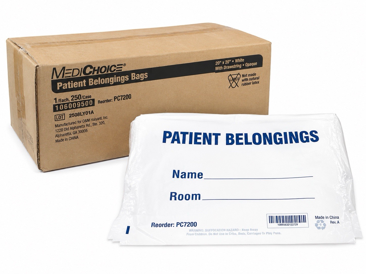 MediChoice PC7200 Patient Belongings Bags 20×20 White Drawstring 250/Case