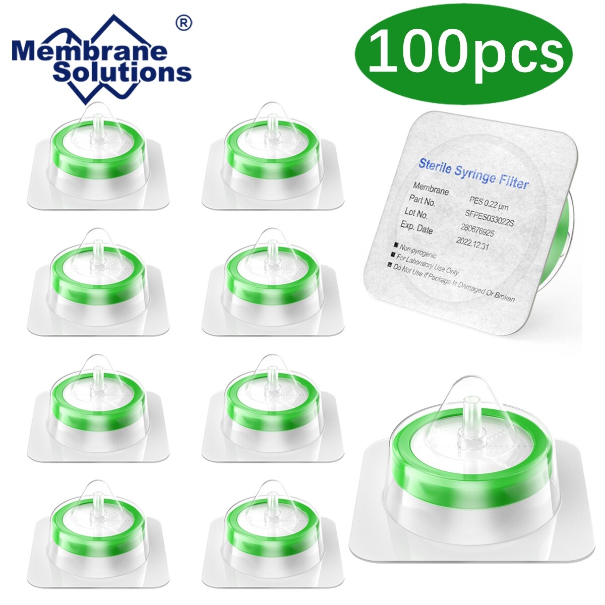 100PCS PES Membrane Syringe Filter 0.22μm/33mm Sterile Individually Hydrophilic