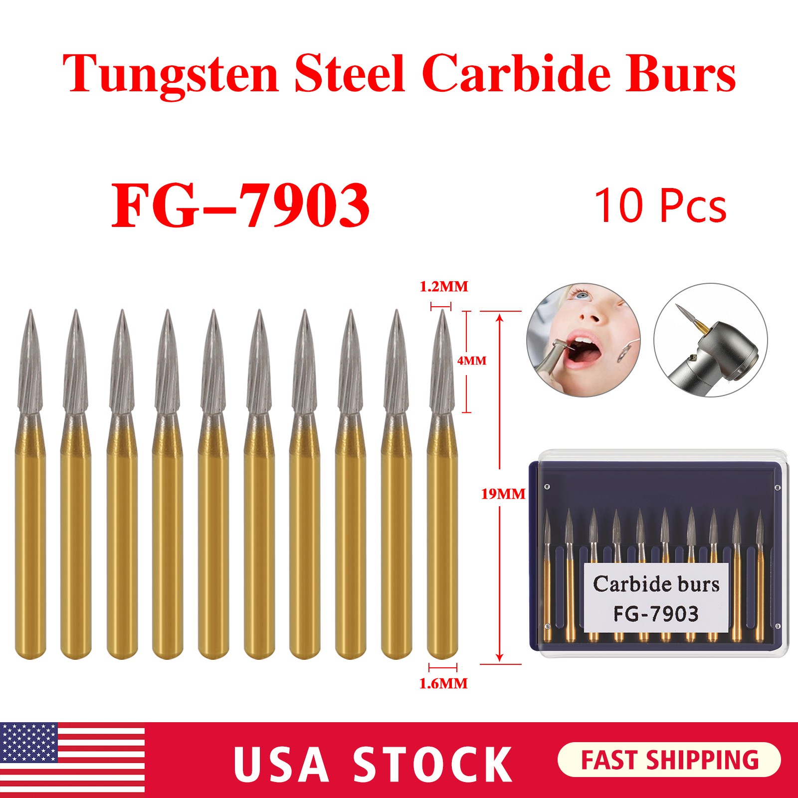 10Pcs FG7903 Dental Trimming & Finishing #7903 Flame Carbide Burs