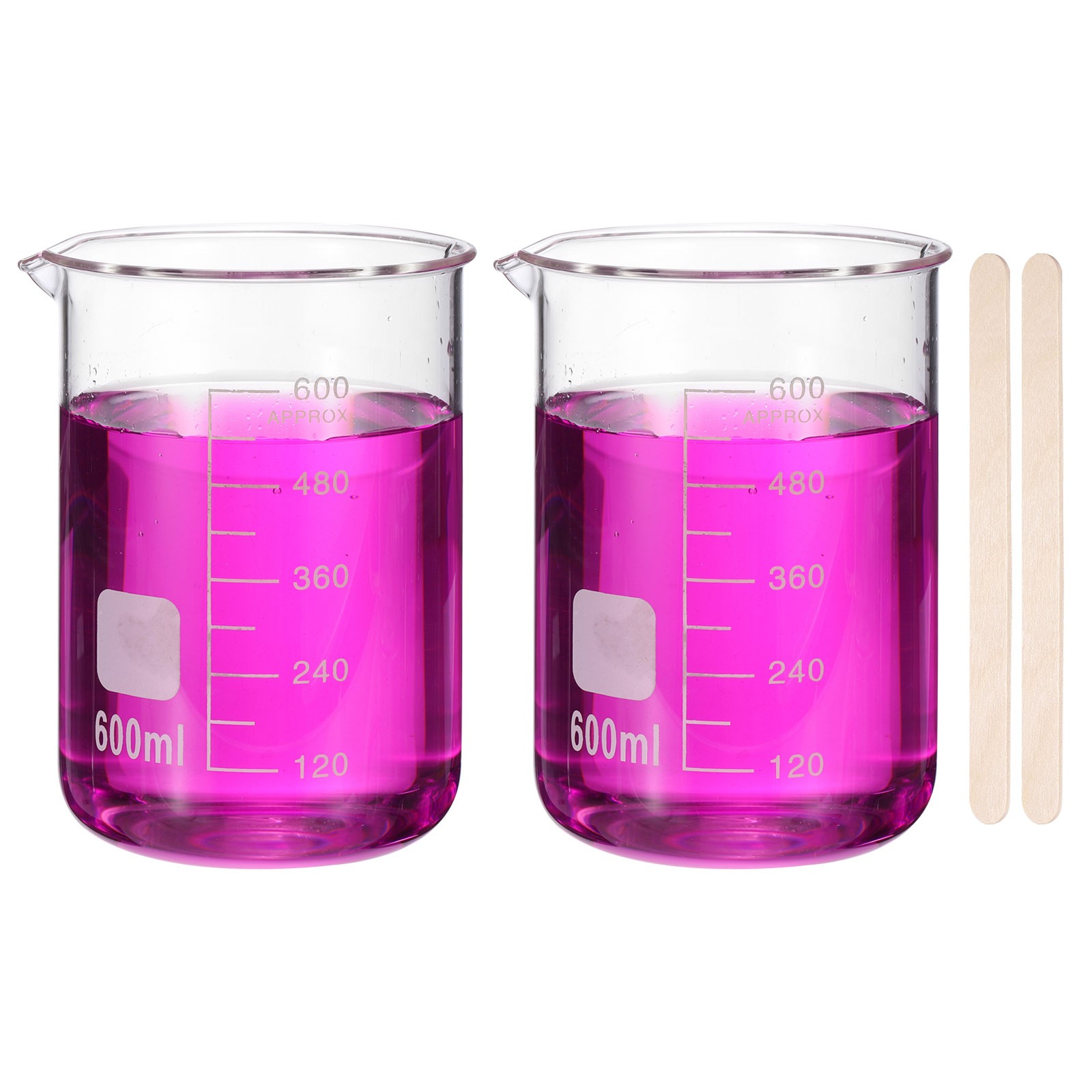 600ml Glass Beaker, 2 Pack Measuring Glass Beaker with 50pcs Wood Sticks