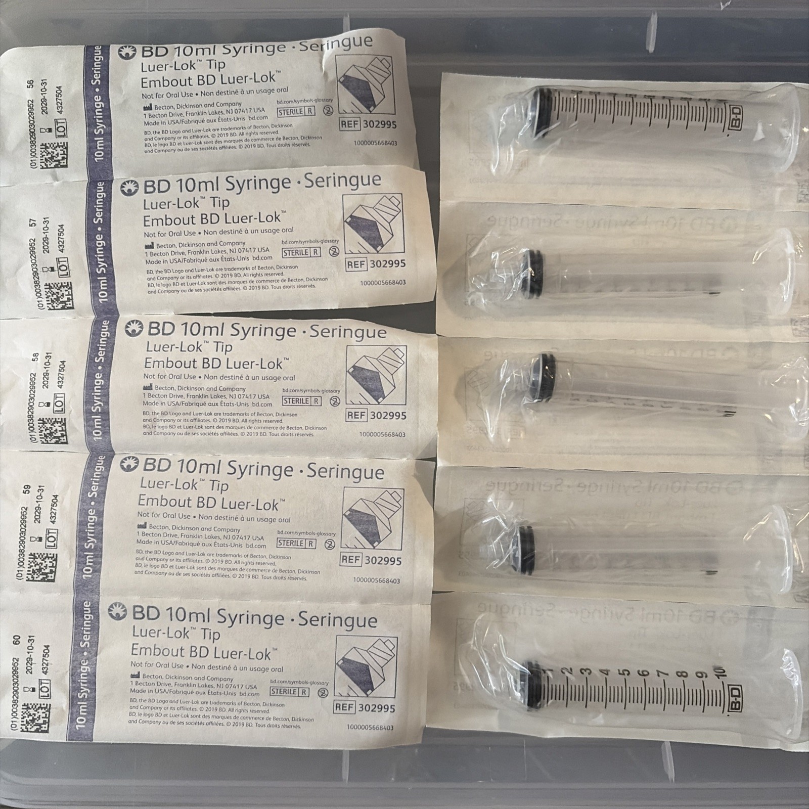 20 BD Luer-Lok Tip 302995 Syringe Single Use 10 mL Sterile Exp 10-2029