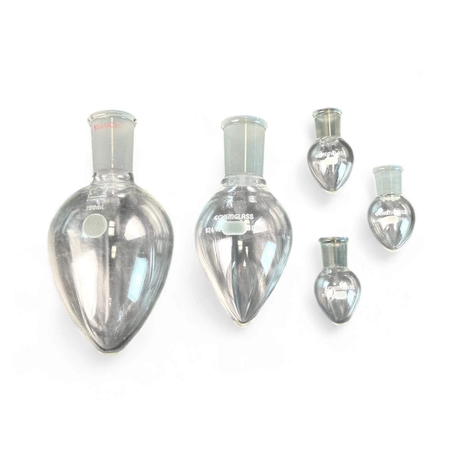 Chemglass, Kontes Pear Shaped Flask, Lot of 5 flasks-200mL, 100mL, 10mL