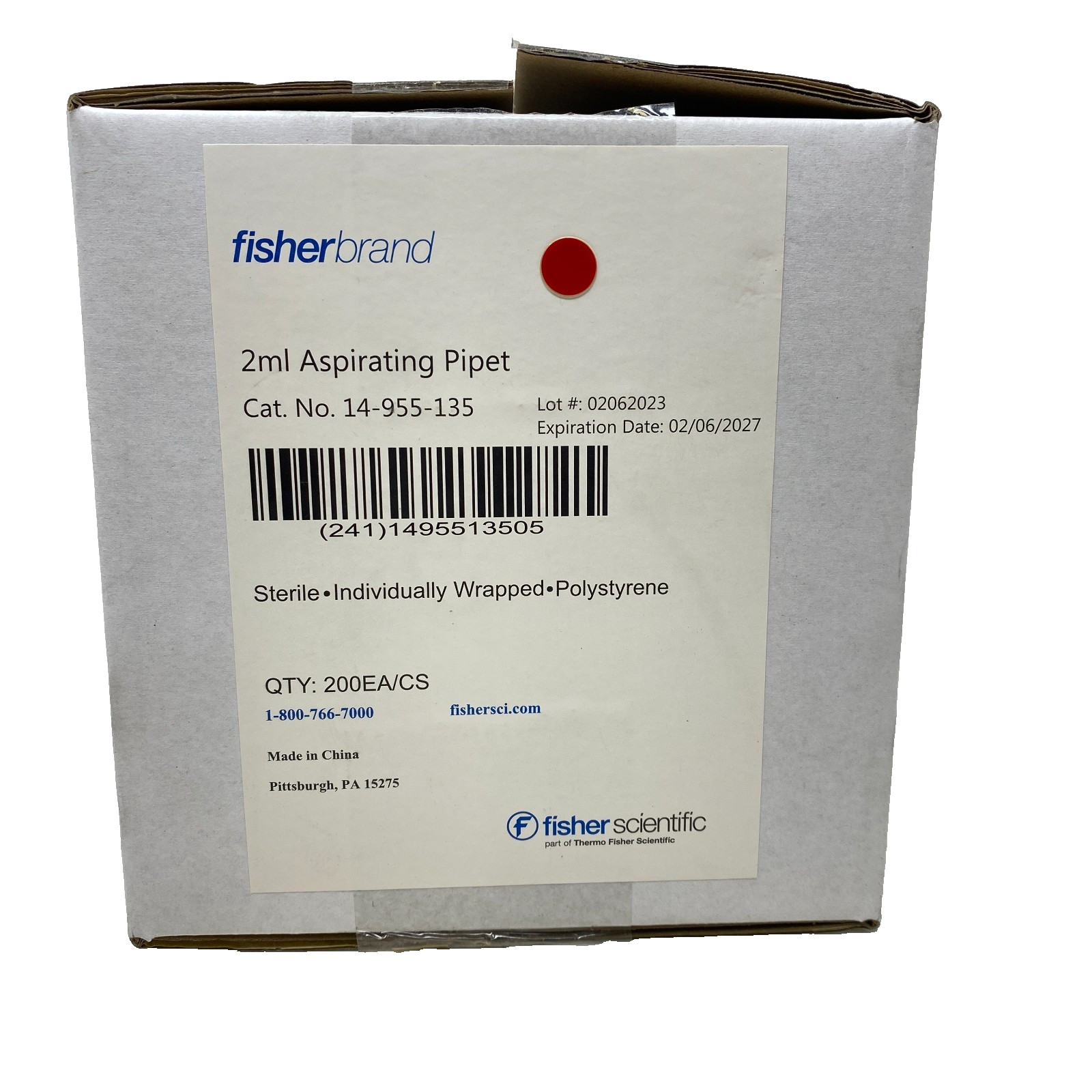 Fisherbrand 14-955-135 2mL Aspirating Pipets Sterile Exp 2027, 200 Pcs