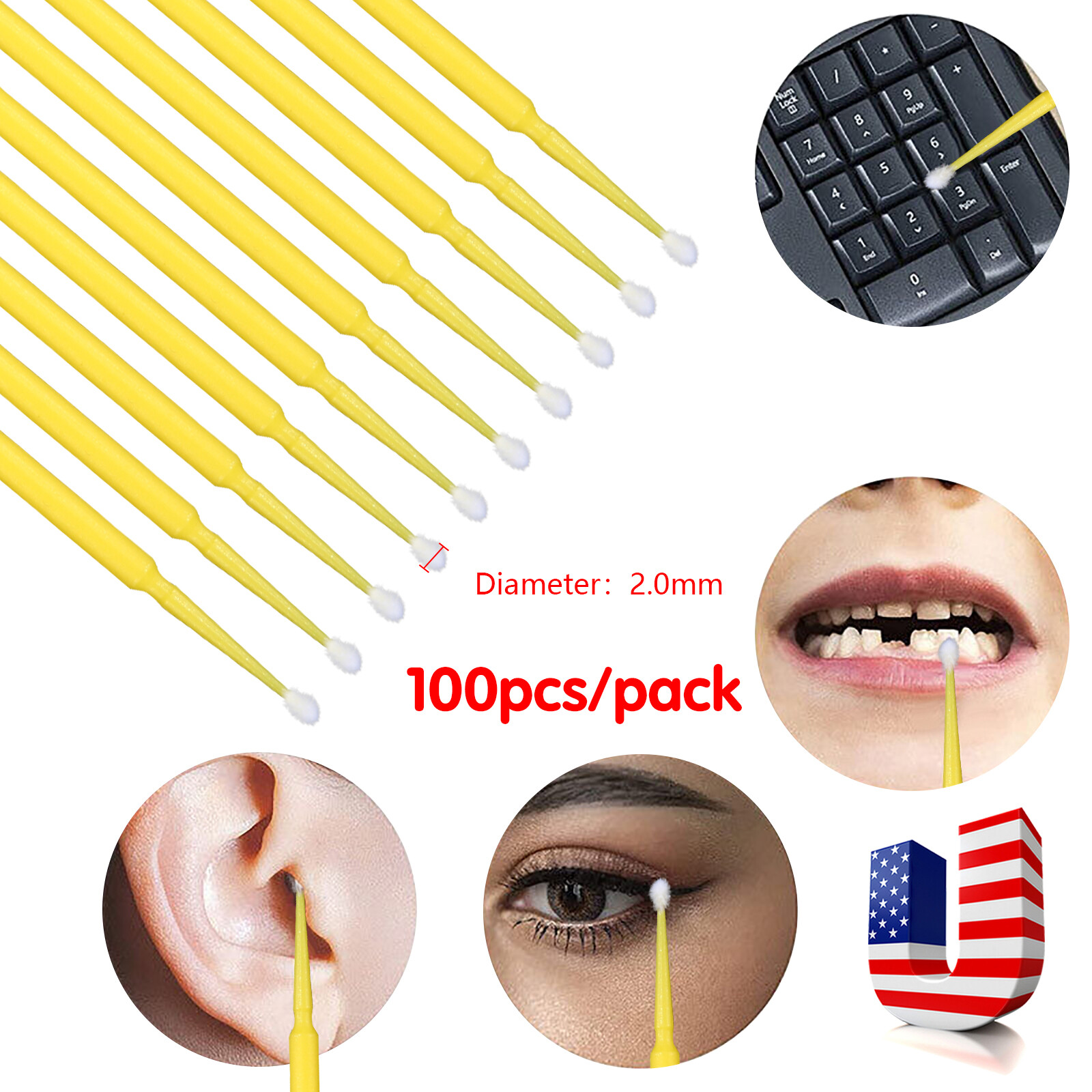 Dental Micro Applicator Brush Disposable Makeup Eyelash Brushes 2.0mm Yellow