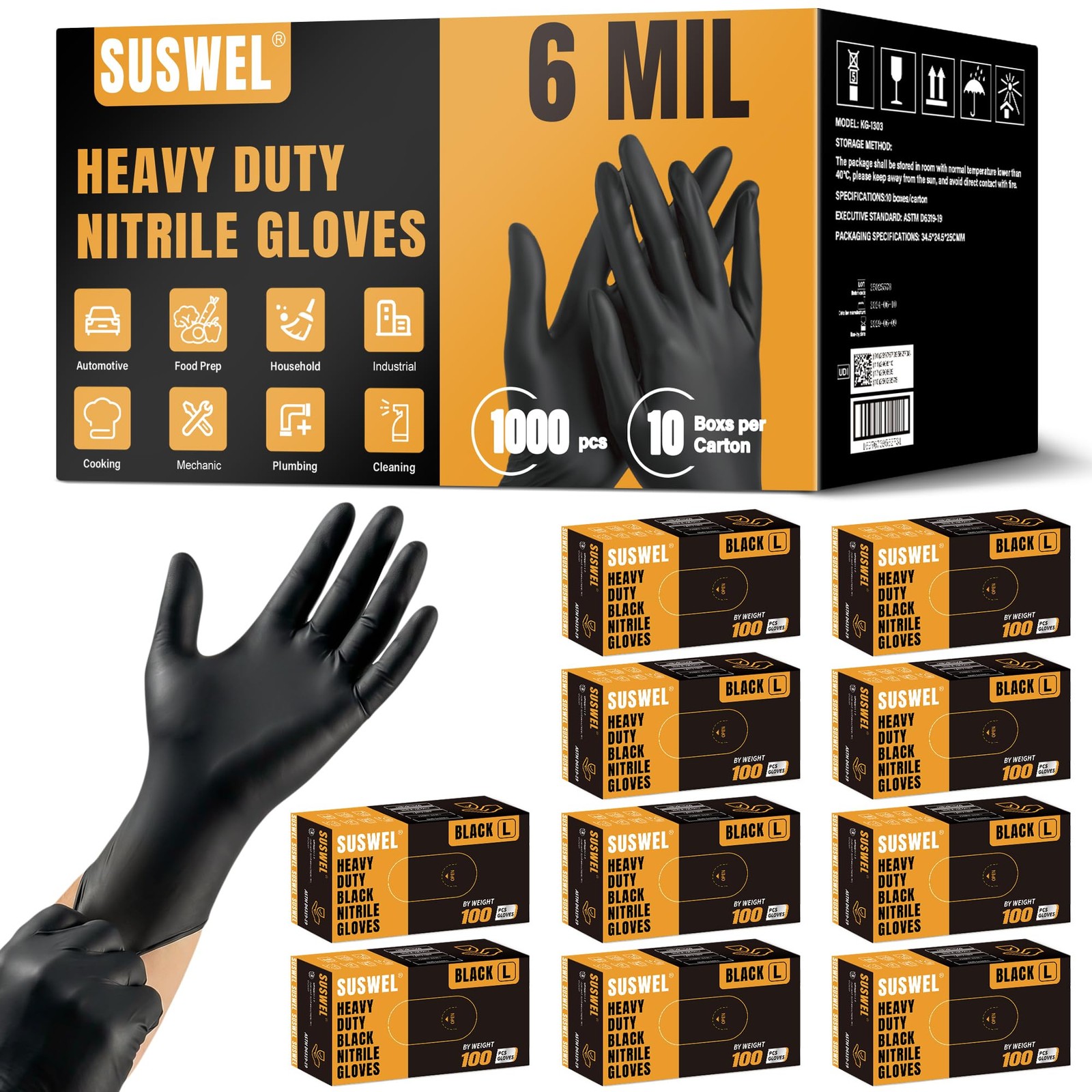 SuSWel X-Large Black Nitrile Gloves 1000 Pcs