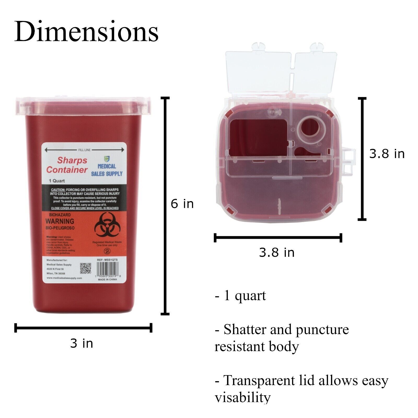 Sharps Container with Flip Lid 1 Quart – Biohazard Needle and Syringe Disposal