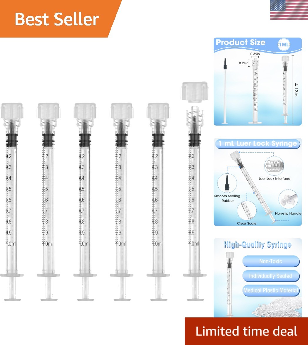 50Pack 1ml/cc Luer Lock Syringe without Needle, Plastic Syringe with Caps for…