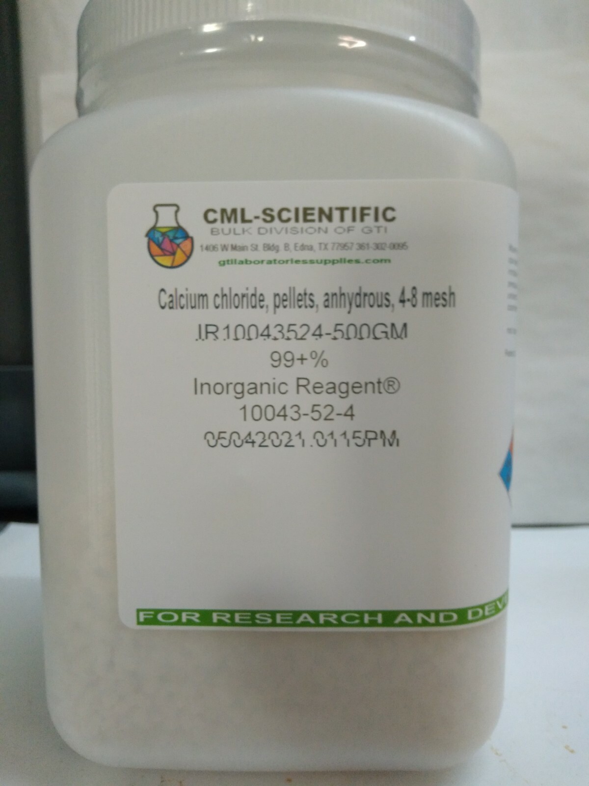 Calcium chloride, pellets, anhydrous, 4-8 mesh, 99+%, Inorganic Reagent® 500g