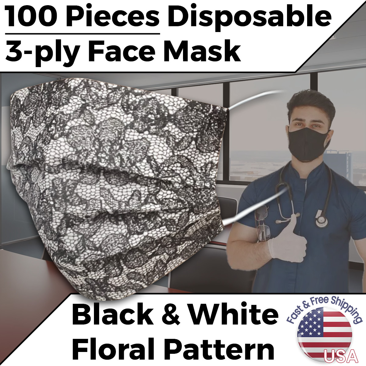 Elegant Floral Pattern White Face Mask Disposable Non Medica Surgical 100pcs