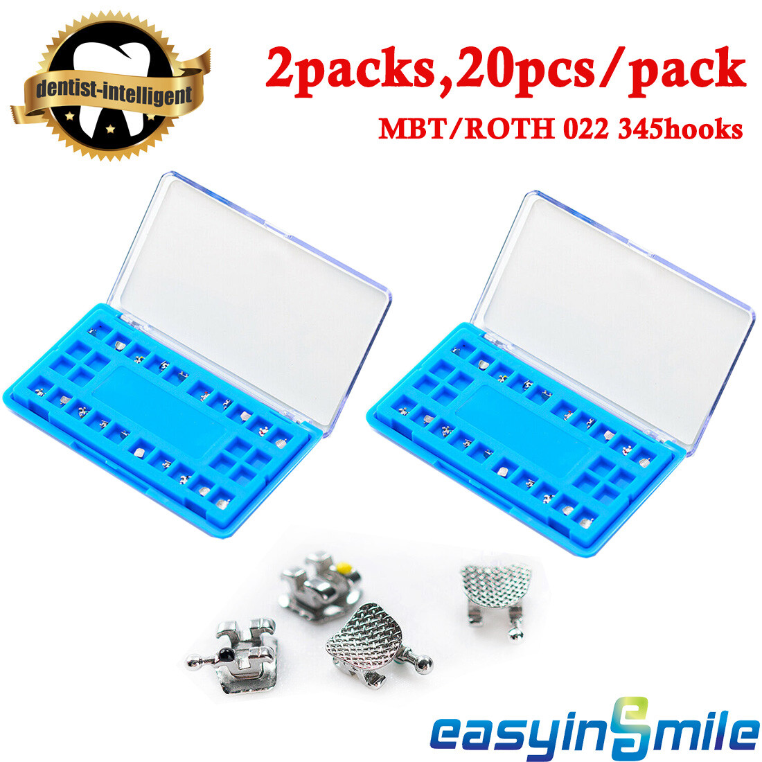2Packs Orthodontic Brackets Hook 345 Roth/MBT 022” MIM Metal Braces EASYINSMILE