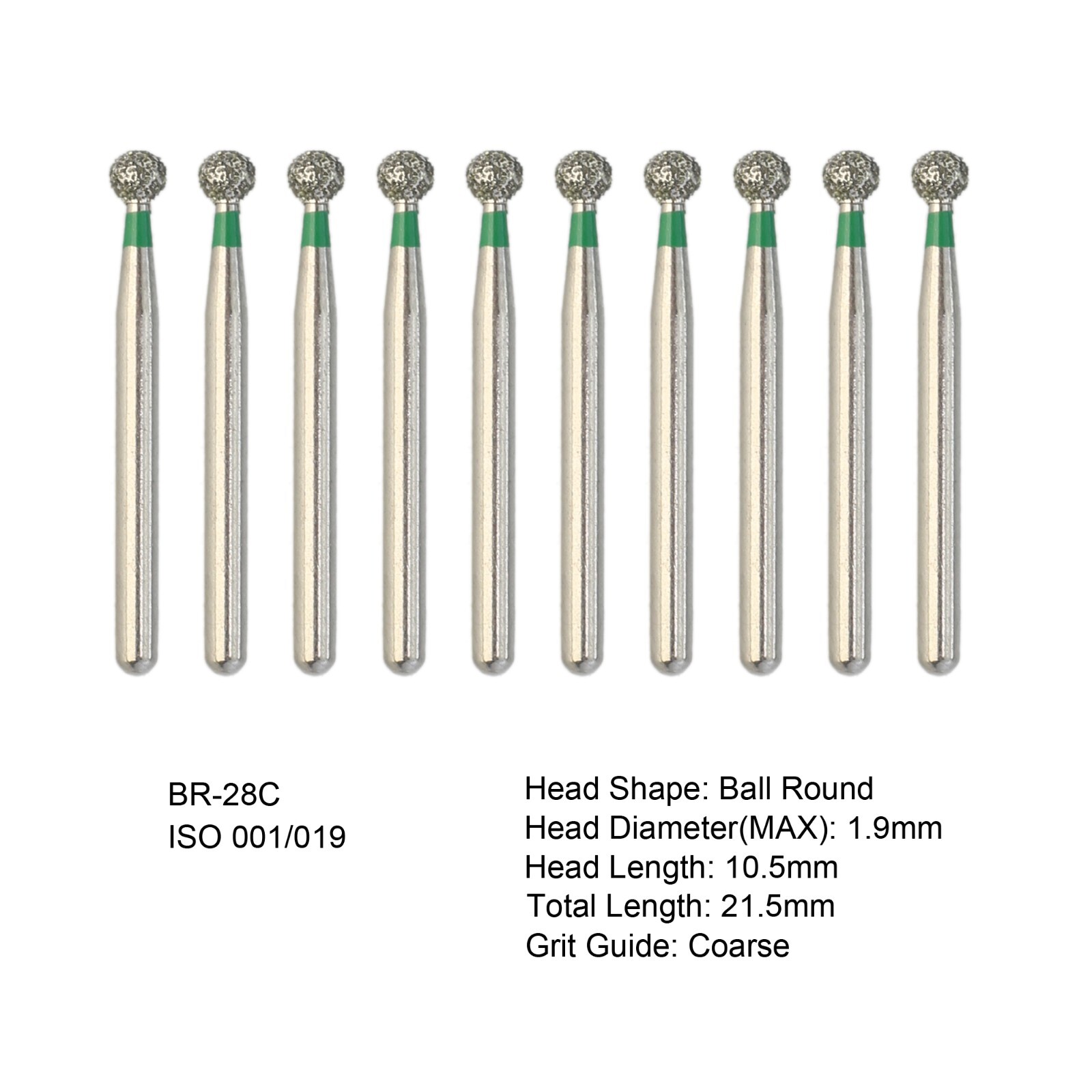 Dental Burs Diamond FG Ball Round Bur BR-28C Coarse Grit Green for High Speed