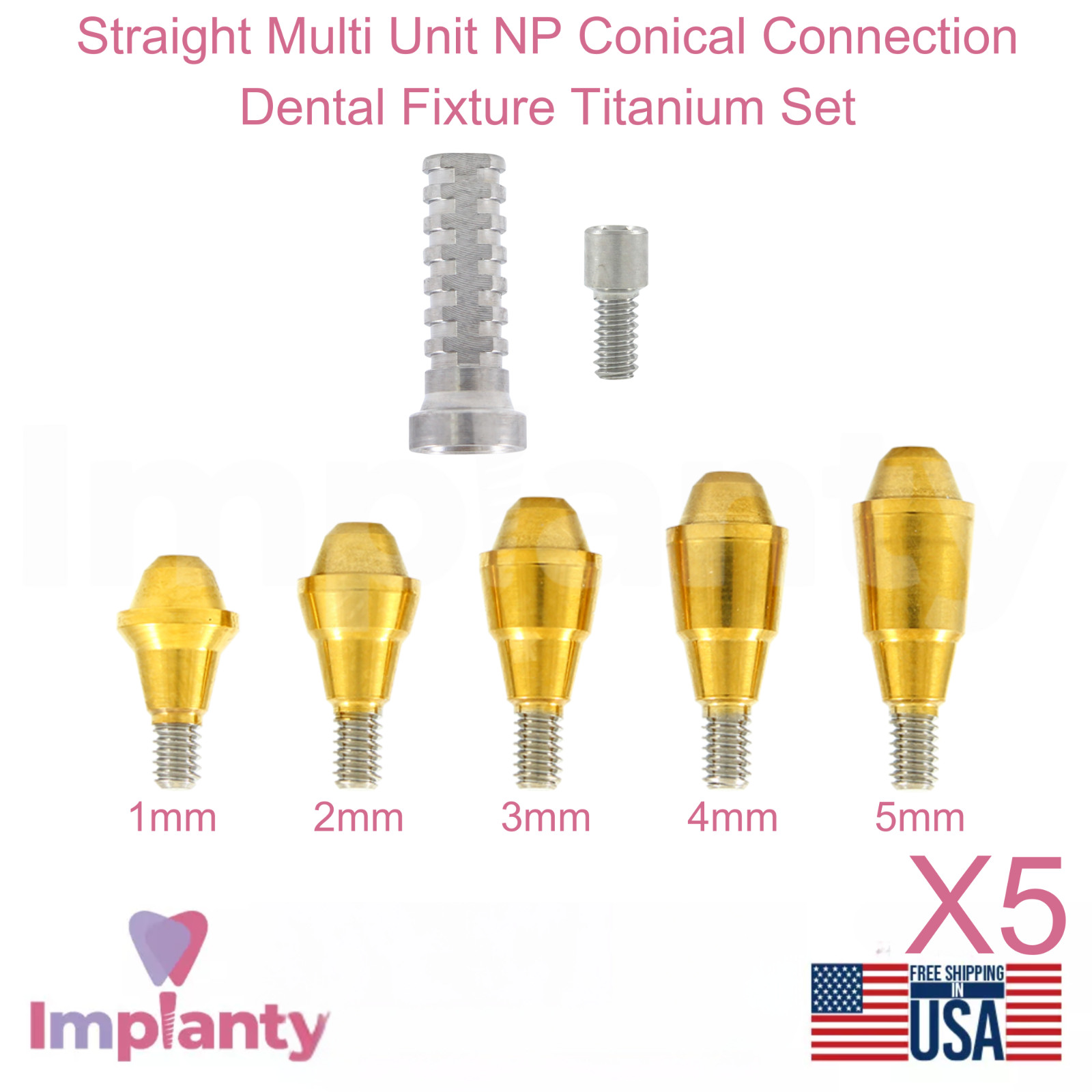 5x Dental Straight Multi Unit NP Conical Connection 2.25mm Titanium Sleeve Set
