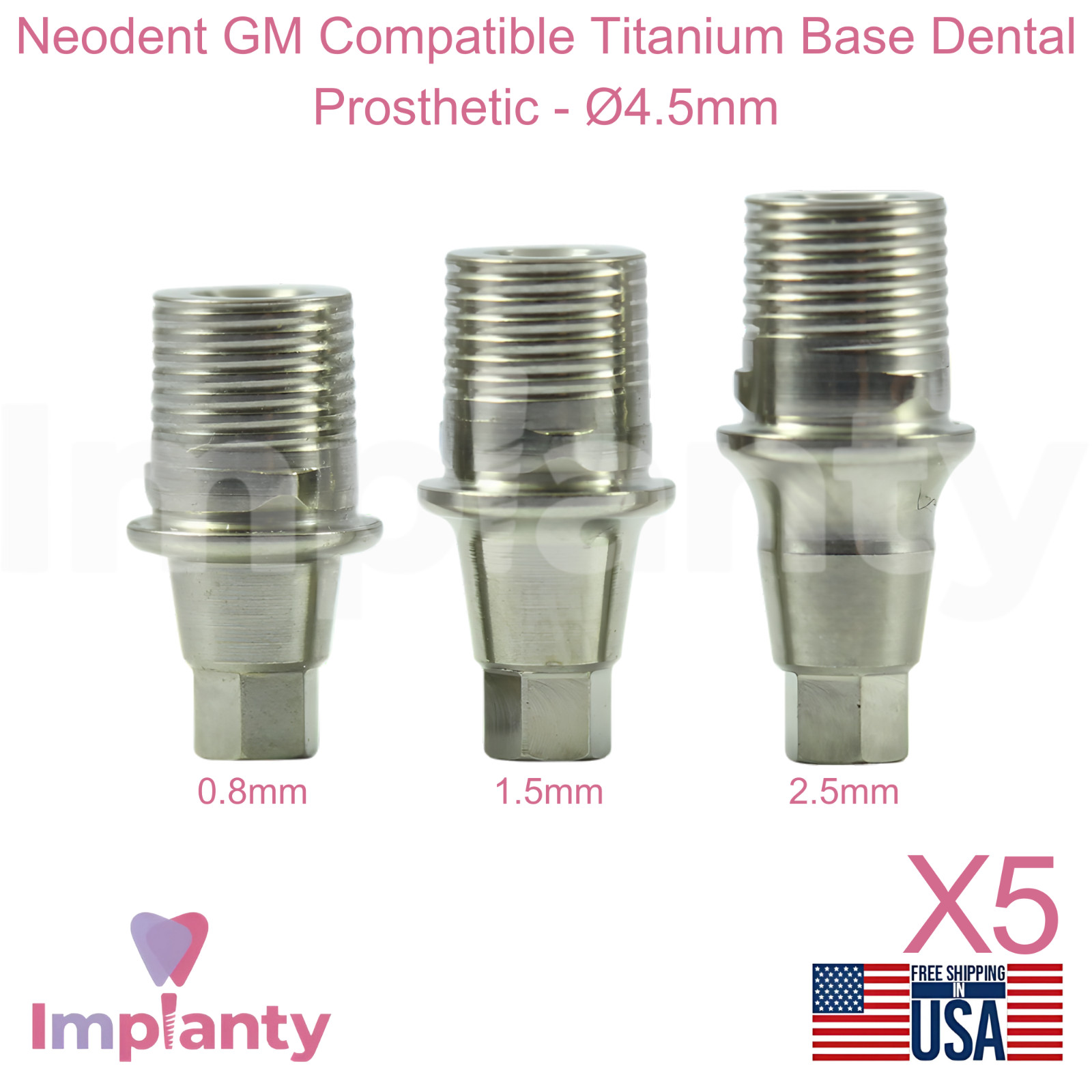 5x Neodent GM Compatible Titanium Base Ø4.5mm Prosthetic Grand Morse Connection