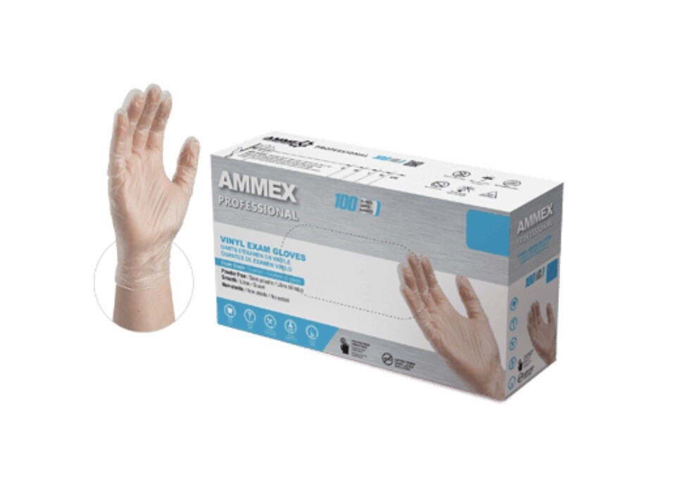 AMMEX Professional Clear Vinyl PF Exam Gloves – 3 Mil – (10 Boxes/1000 Gloves)